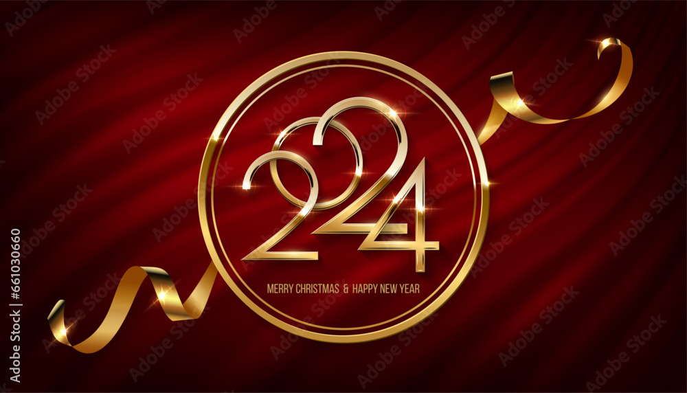 2024 Happy New Year and Merry Christmas greeting banner template vector illustration. Golden 2024 numbers in gold round frame with glitter and ribbon on drapery of red curtain, luxury holiday retro
