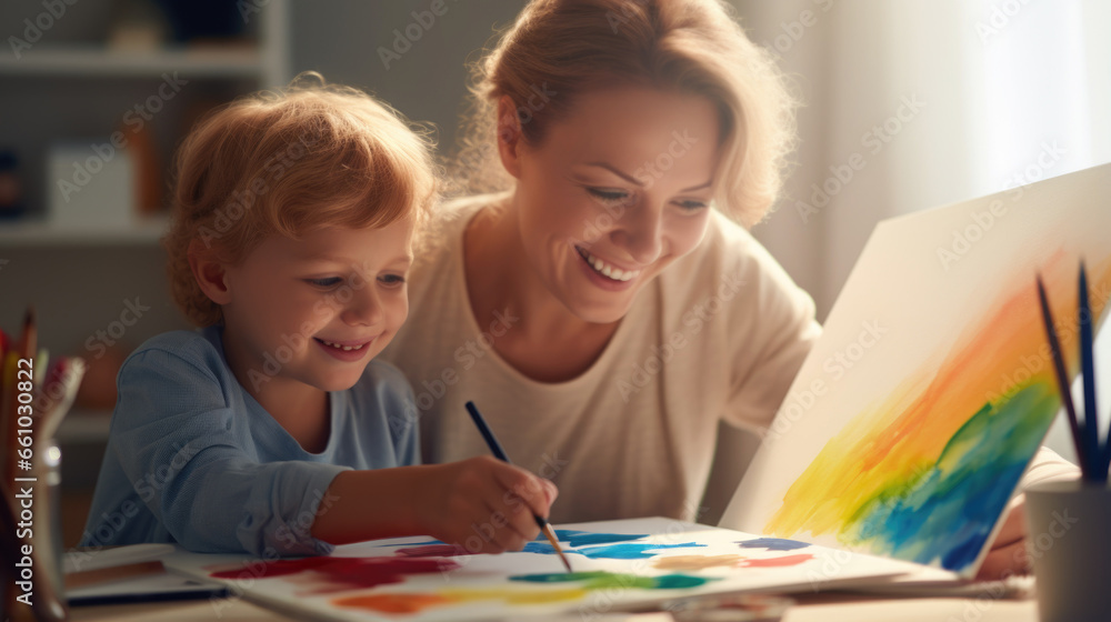 Fototapeta premium Mother and child painting together with colorful paints on a blurred room background