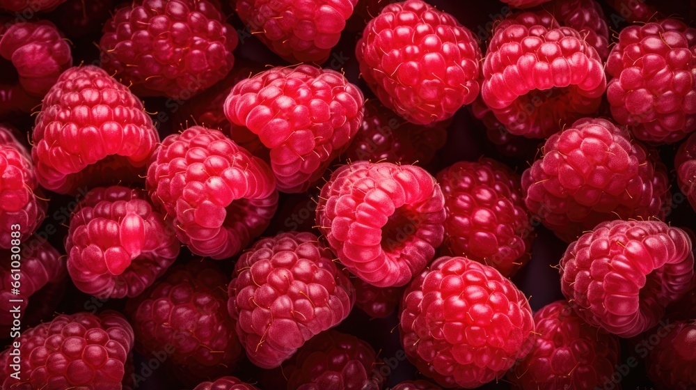 Raspberries fruits background top view angle - obrazy, fototapety, plakaty 