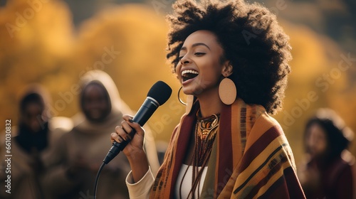 a African Ethiopian female gospel singer, dressed in earthy, fall-inspired clothing, singing passionately amidst the autumn colors. generative AI photo