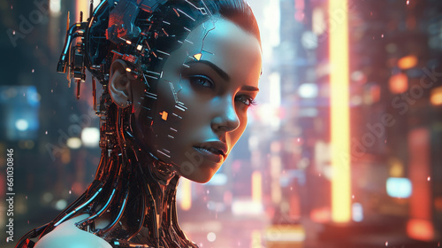 An artistic representation of the AI revolution, featuring cybernetic augmentations and implants for humans with a science fiction styling, reflecting the evolving intersection of technology and human