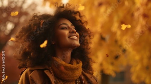 a African Ethiopian female gospel singer, dressed in earthy, fall-inspired clothing, singing passionately amidst the autumn colors. generative AI