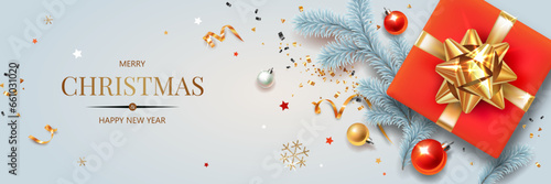 Horizontal banner with Christmas symbols and text. Christmas tree, gift, balls, decoration and other festive elements on green background.
