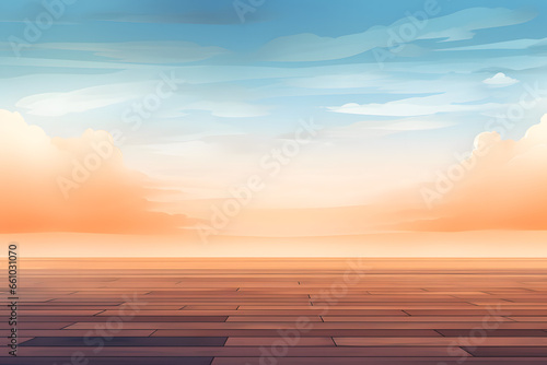 Sunset horizon over the ocean with a wooden boardwalk leading forward