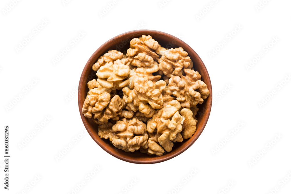 Roasted walnuts in bowl isolated on white background. walnuts is snack or raw of cook. Healthy food concept Roasted walnuts in bowl isolated on white background. walnuts is snack or raw of cook. Healthy food concept