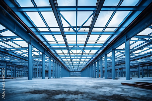 Construction industrial building. Use as large factory, warehouse, storehouse, hangar or plant. Modern interior with metal wall and steel structure with empty space for industry background. photo