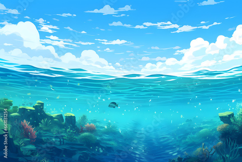 Clear ocean view with coral reef below and clouds above