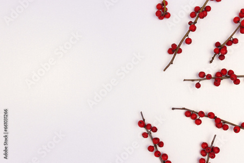 Branches of red winterberry scattered on a silver glittering background. Place for your design. photo