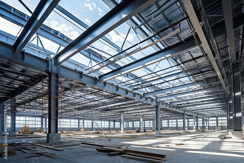 Construction industrial building. Use as large factory, warehouse, storehouse, hangar or plant. Modern interior with metal wall and steel structure with empty space for industry background. photo