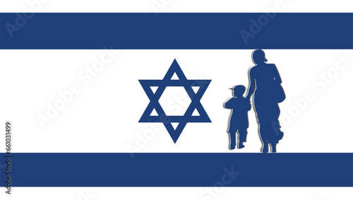 Cut out Silhouette of a mother with child, refugees fleeing the israel-palestine conflict. Flag of israel. Refugees welcome concept. Solidarity with the Israeli People