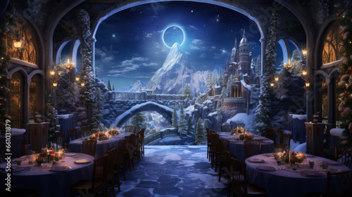 A stunning painting of a magical winter wonderland, featuring enchanting castles, majestic mountains, pristine snowscapes, and festive feasts