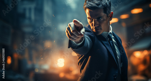 Close up of businessman pointing with finger at camera and blurred city background