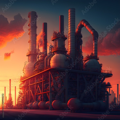 As the sun sets over the sprawling oil refinery the heat of the day radiates off the metal structures and machinery in a fiery red and orange glow The 4K resolution camera captures every detail of 