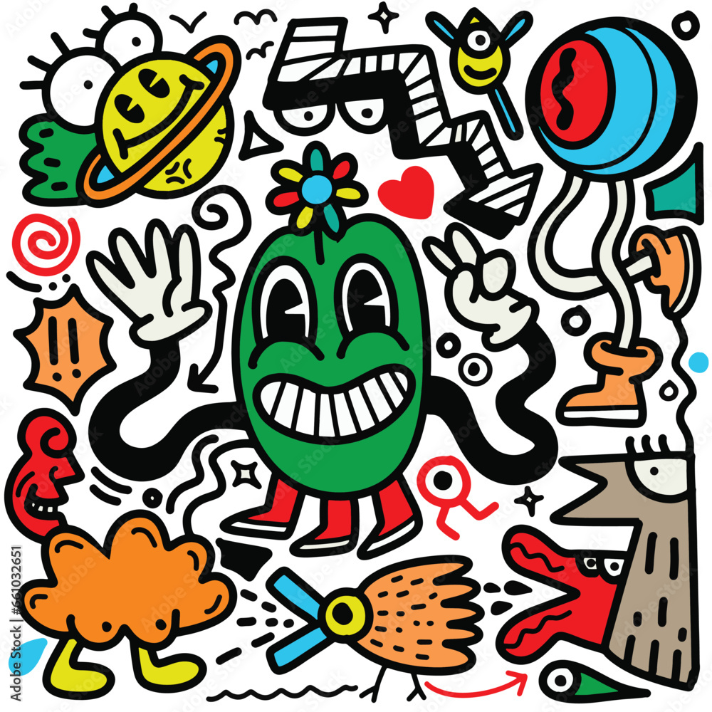 Doodle, hand drawn illustration of colorful cartoon characters, in the style of psychedelic absurdism, bold outlines