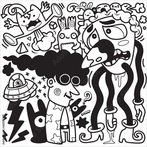 Doodle, black and white drawing of a drawing of cartoon characters, chilling creatures, messy, organic forms and shapes, kawaii, line art cartoon ,Illustration Vector .