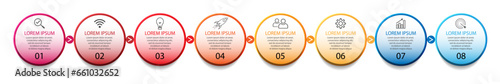 infographic template design, minimalist concept, interconnected circles with 8 steps, lines and colors in each step, good for your business presentation