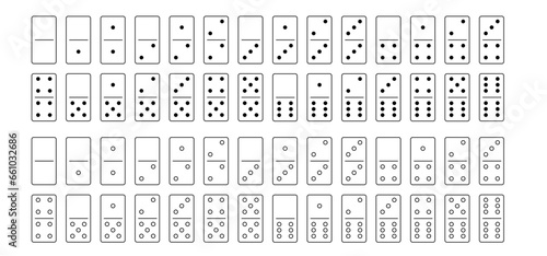Domino tiles. Classic dominoes, domino's pictogram. Playing, parts of game full bones tiles. Black, white domino. Flat vector set. 28 pieces. White chip of domino on board for gambling. 