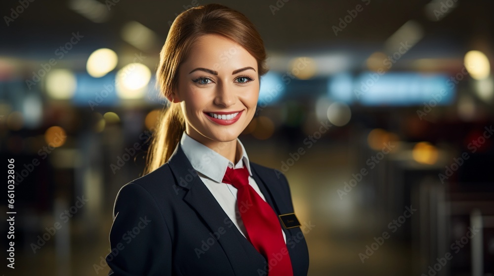 A smiling and confident stewardess, women in corporate structures, airlines A smiling and confident stewardess, women in corporate structures, airlines