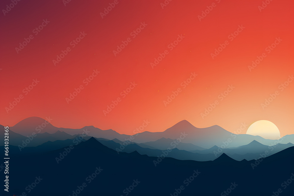 Sun sets behind a silhouette of layered mountain ranges with a vivid red sky