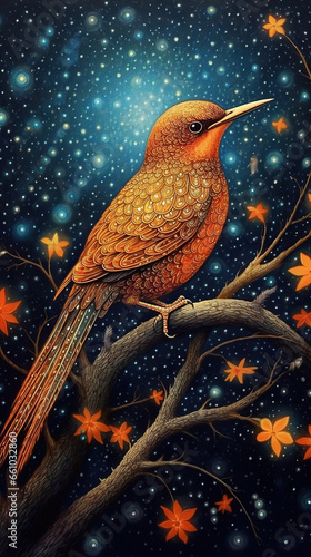 Starry Night Serenade: A Red Bird's Dream,bird on a branch