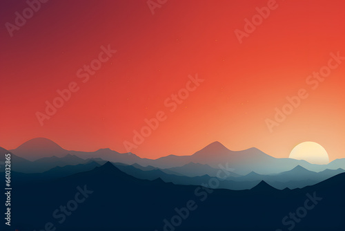 Sun sets behind a silhouette of layered mountain ranges with a vivid red sky © youriy
