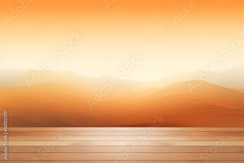 Golden sunset over misty mountains and calm water surface photo