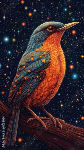 Starry Night Serenade: A Red Bird's Dream,bird on a branch © Moon