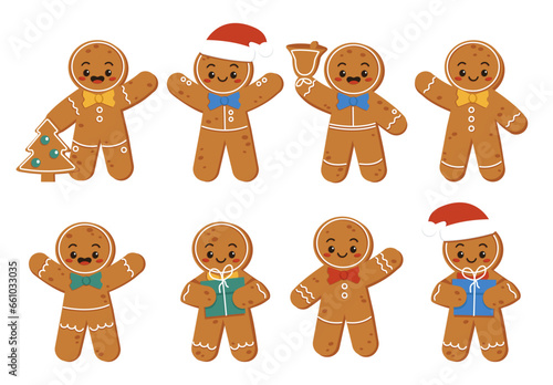 Set of different funny gingerbread men. Crunchy, fun, funny and cute. Vector graphic.