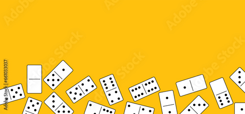 Domino tiles. Classic dominoes, domino's pictogram. Playing, parts of game full bones tiles. Black, white domino. Flat vector set. 28 pieces. White chip of domino on board for gambling. 