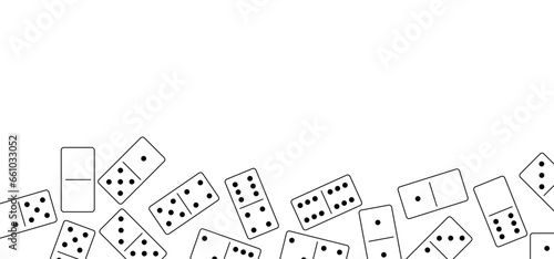 Domino tiles. Classic dominoes, domino's pictogram. Playing, parts of game full bones tiles. Black, white domino. Flat vector set. 28 pieces. White chip of domino on board for gambling. 