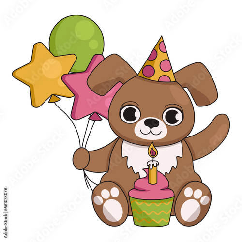 Cute dog in a festive cap with a cupcake and a burning candle and balloons. Happy birthday. Vector graphic.