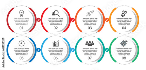 infographic template design, minimalist concept, interconnected circles with 8 steps, lines and colors in each step, good for your business presentation