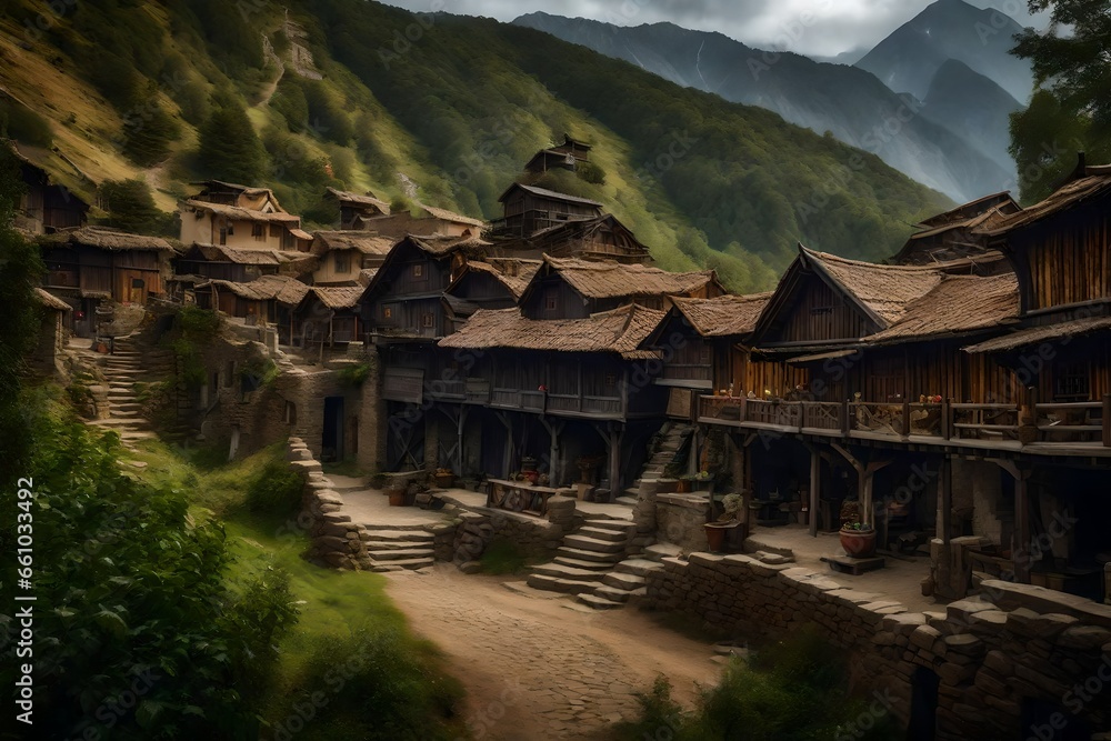 Obraz premium Masterpiece, best quality, ultra-detailed, realistic, no humans, scenery, fantasy, village - AI Generative