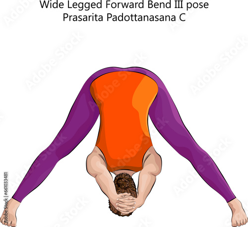 Young woman doing yoga Prasarita Padottanasana C. Wide Legged Forward Bend 3 pose. Intermediate Difficulty. Isolated vector illustration.