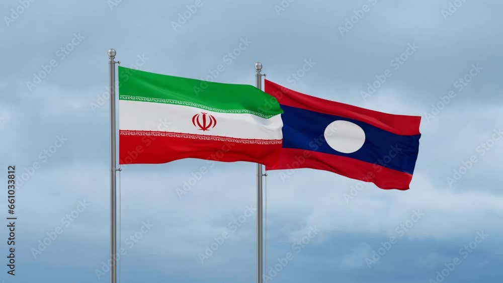 Laos flag and Iran flag waving together on cloudy sky, endless seamless loop, two country relations concept Laos flag and Iran flag waving together on cloudy sky, endless seamless loop, two country relations concept