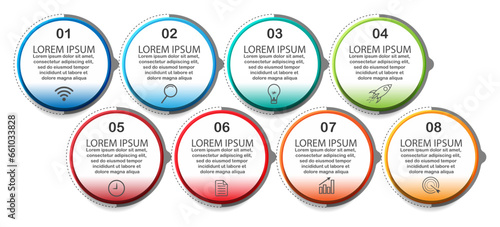 infographic template design, minimalist concept, interconnected circles with 8 steps, lines and colors in each step, good for your business presentation