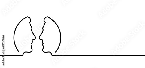 Cartoon round, circle, face profile line pattern, two owerlap outline silhouette heads. Relationships, interpersonal communication, therapy abstract. People faces icon or sign. Two faces duality