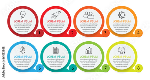 infographic template design, minimalist concept, interconnected circles with 8 steps, lines and colors in each step, good for your business presentation