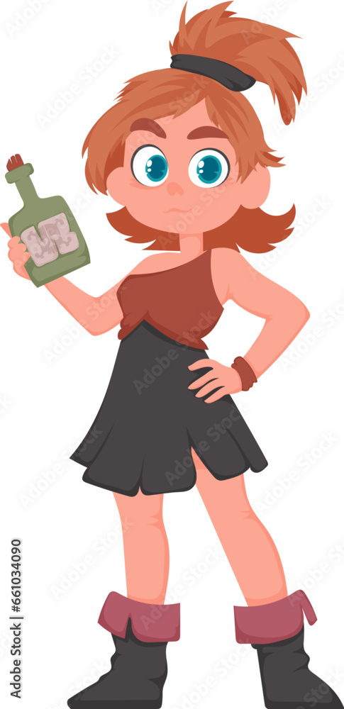 Funny and cute female pirate holding a bottle of rum. Cartoon style Funny and cute female pirate holding a bottle of rum. Cartoon style