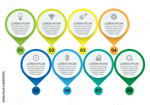 infographic template design, minimalist concept, interconnected circles with 8 steps, lines and colors in each step, good for your business presentation