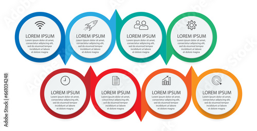 infographic template design, minimalist concept, interconnected circles with 8 steps, lines and colors in each step, good for your business presentation