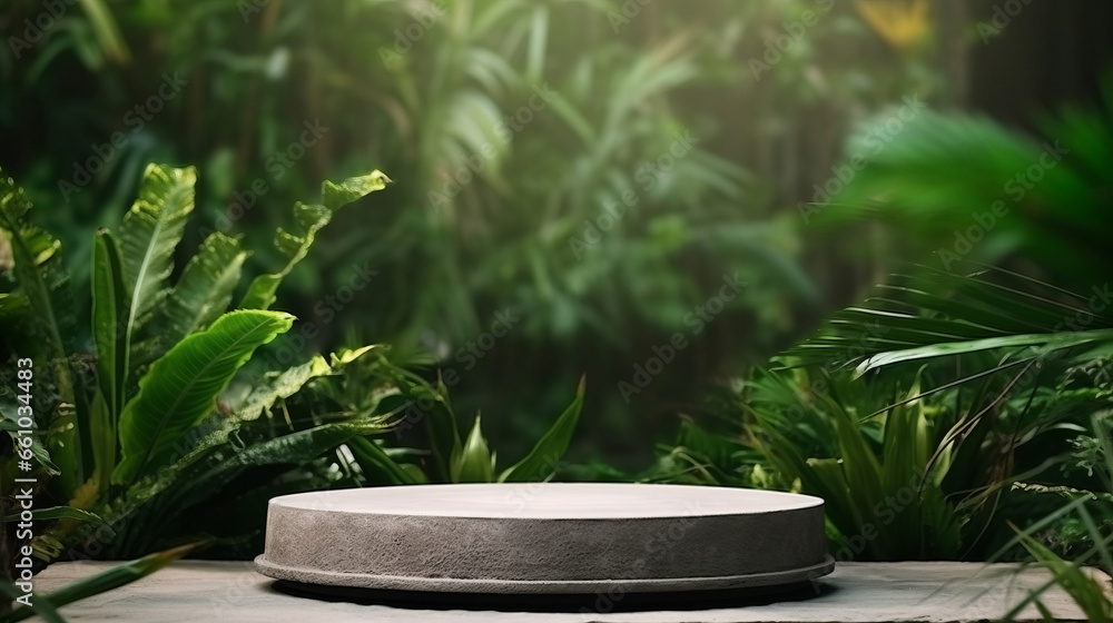 Round stone surface in green forest with copyspace. Marketing advertising platform