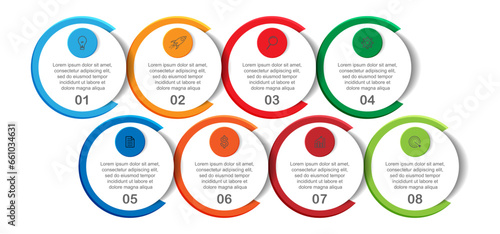 infographic template design, minimalist concept, interconnected circles with 8 steps, lines and colors in each step, good for your business presentation