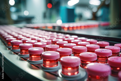 Sterile vials on conveyor: pharmaceutical manufacturing
