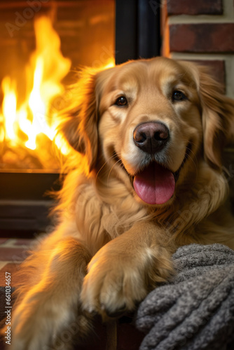 A contented Golden Retriever basking in the warm glow of a fireplace, enjoys the cozy comforts of home.