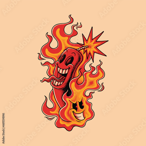 retro cartoon illustration of crazy fire dynamite