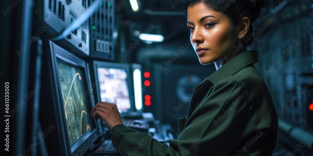 A resourceful military woman mines important information from an encrypted database. A woman in military uniform in a room with computer screens. - obrazy, fototapety, plakaty 
