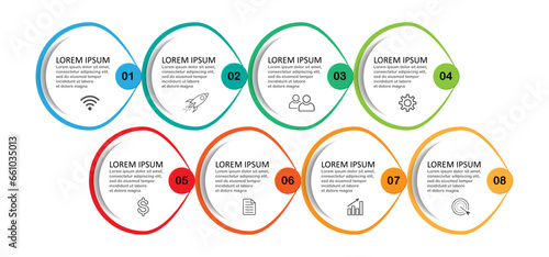 infographic template design, minimalist concept, interconnected circles with 8 steps, lines and colors in each step, good for your business presentation
