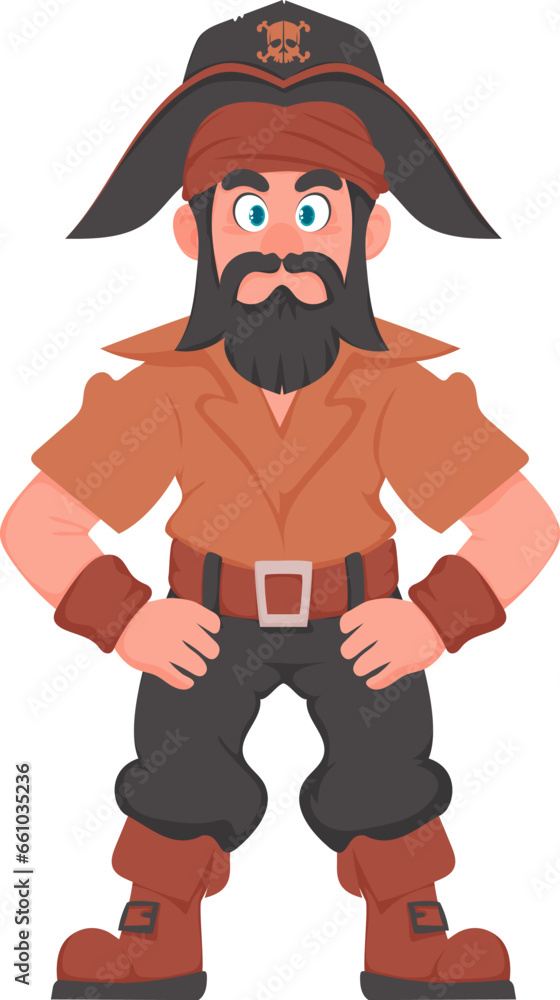 Funny and strict man pirate. Guy in a pirate costume. Cartoon style