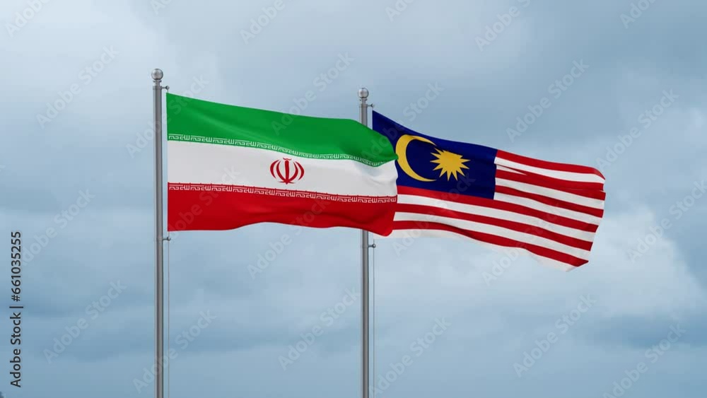 Malaysia and Iran flag waving together on cloudy sky, endless seamless loop, two country cooperation concept Malaysia and Iran flag waving together on cloudy sky, endless seamless loop, two country cooperation concept